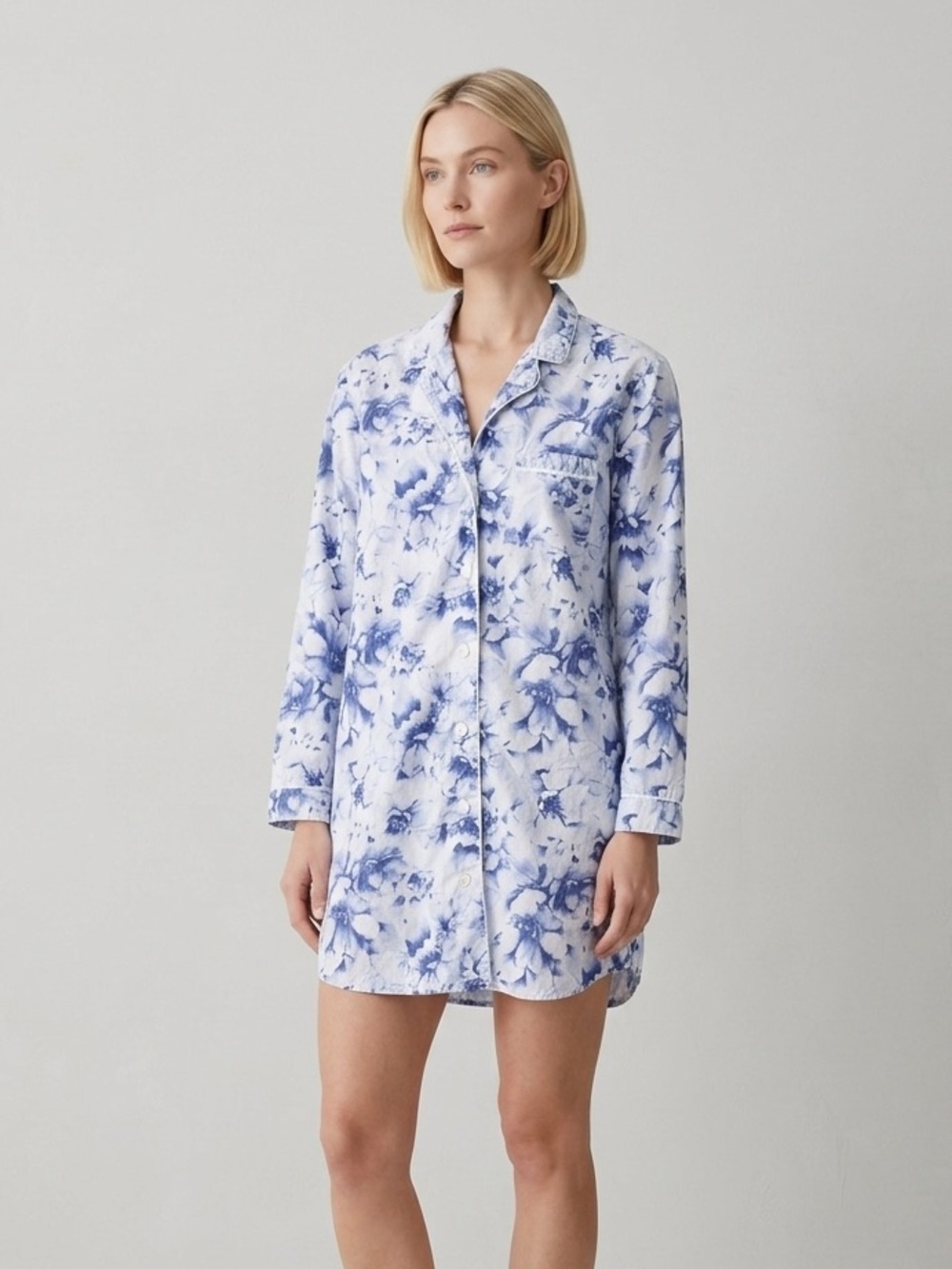 Haven Well Within Cotton Floral Poplin Button Up Nightshirt Size M Blue White